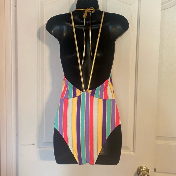 “FEATHER II” Rainbow Stripes & Gold Straps Bathing Suit - Picture 6 of 11